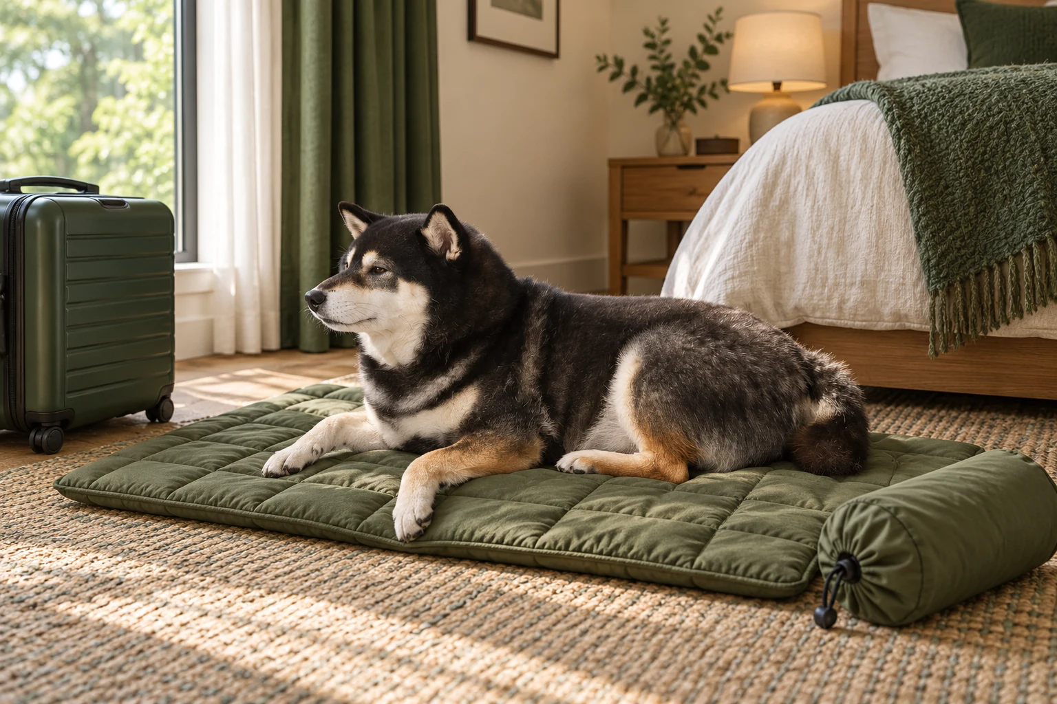Illustrative Mr. Smoky resting on an olive travel mat beside luggage in a hotel room