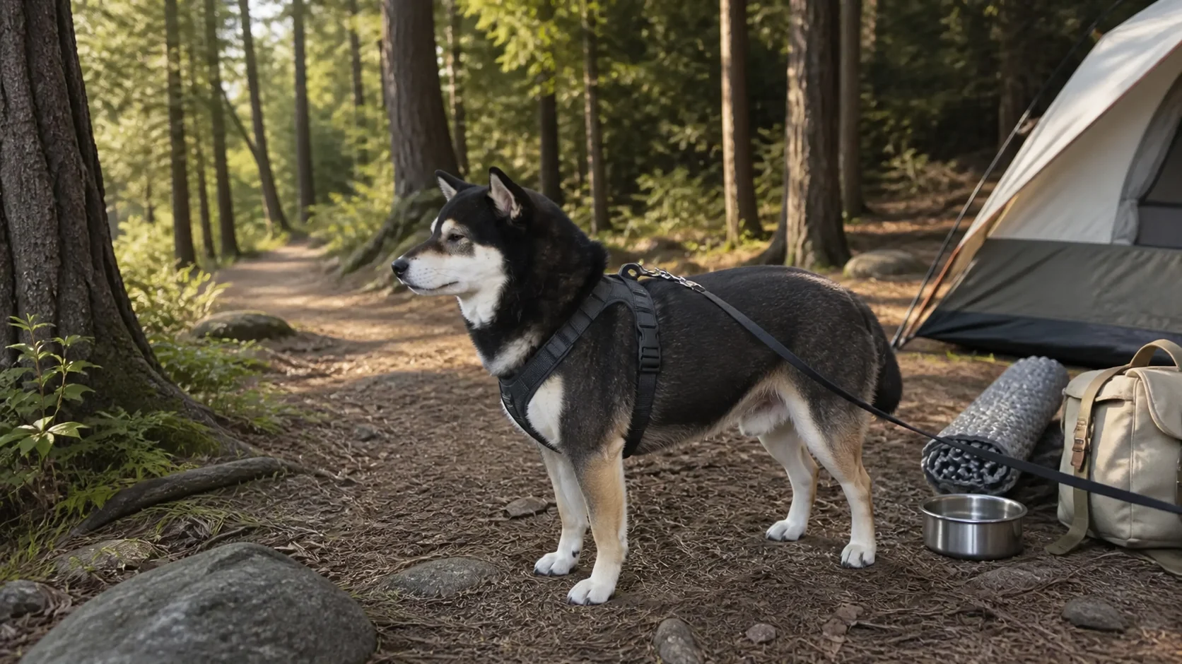 Mr. Smoky beside organized dog travel and outdoor gear