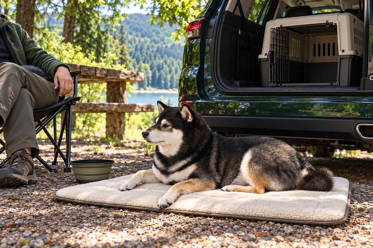 Illustrative Mr. Smoky resting on a travel mat beside a parked SUV during a supervised stop