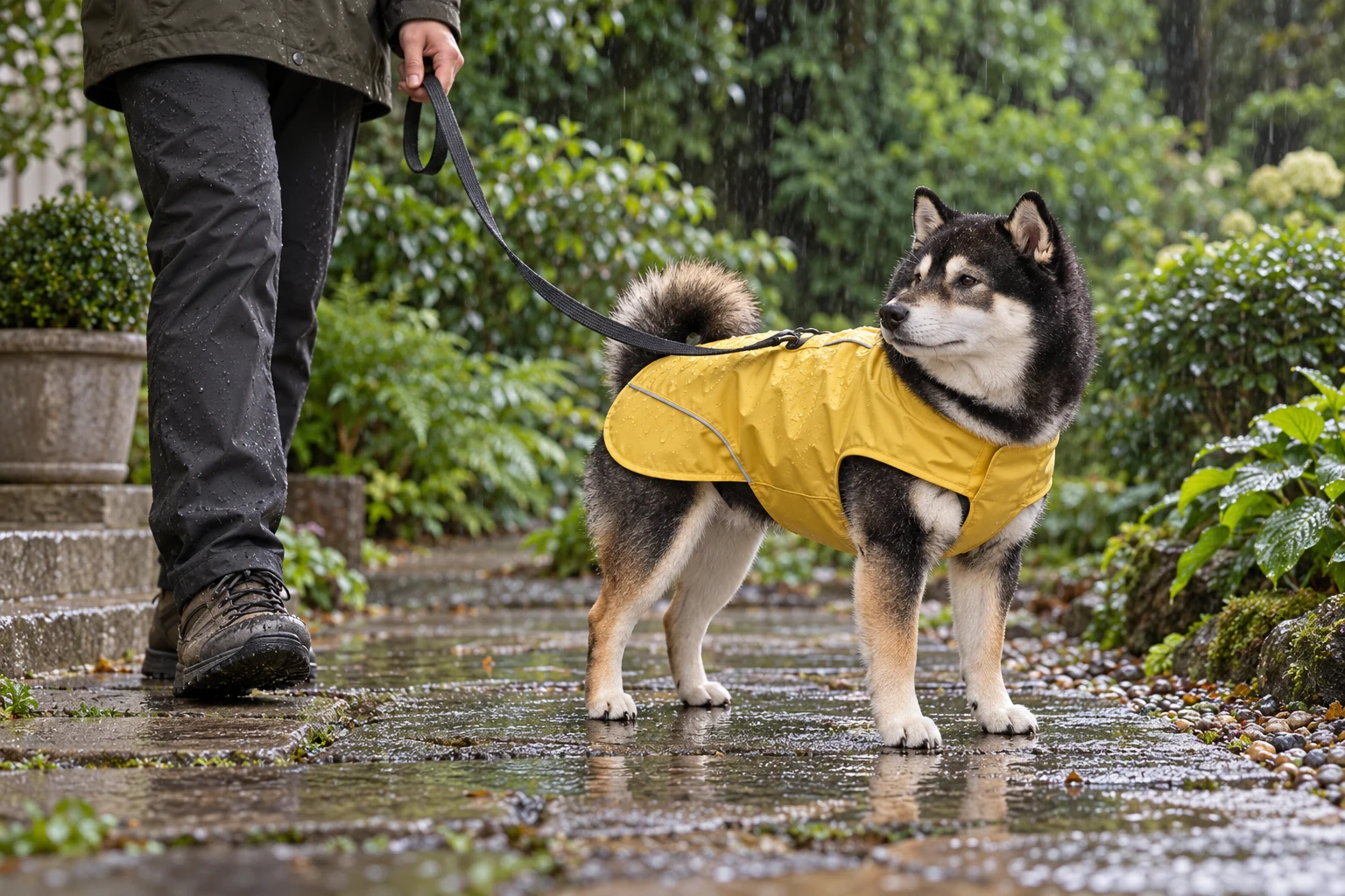 Illustrative Mr. Smoky in an unbranded yellow raincoat on a damp garden path with a handler