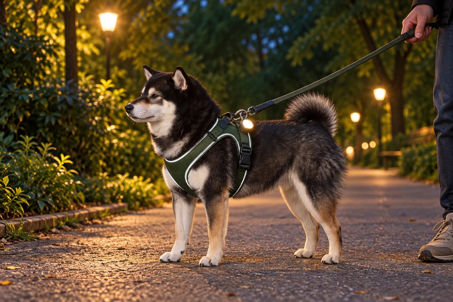 Mr. Smoky on a quiet pedestrian path at dusk wearing an illustrative reflective harness and small safety light