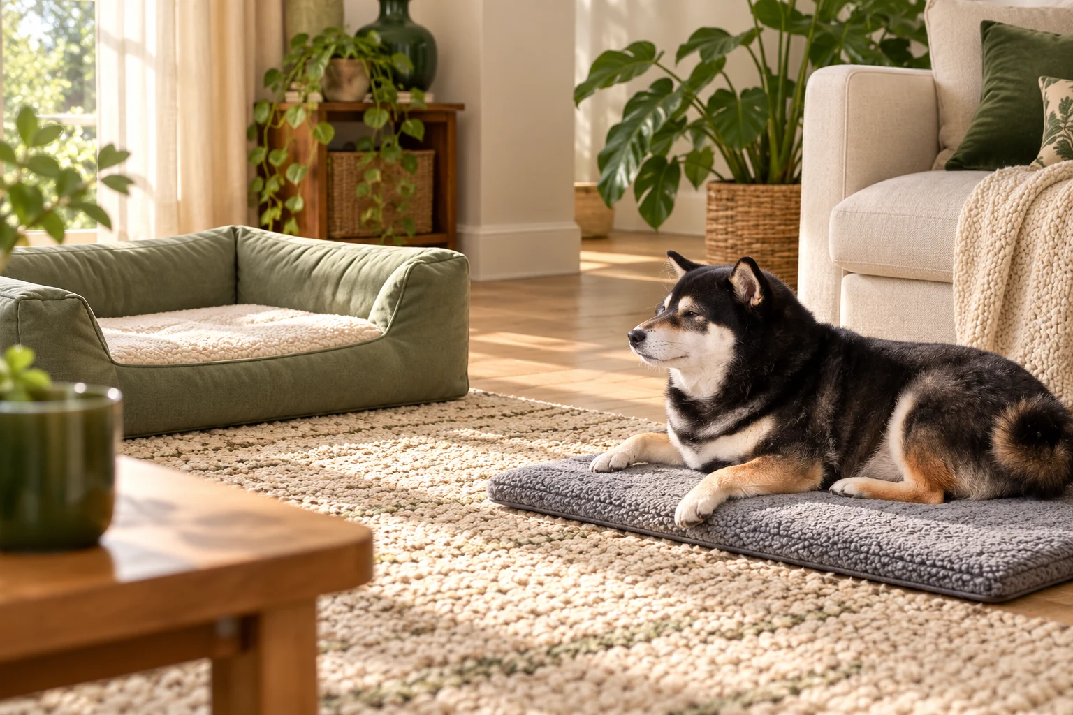 Illustrative Mr. Smoky on a passive warming mat with a separate empty bolstered bed and a clear route across the room