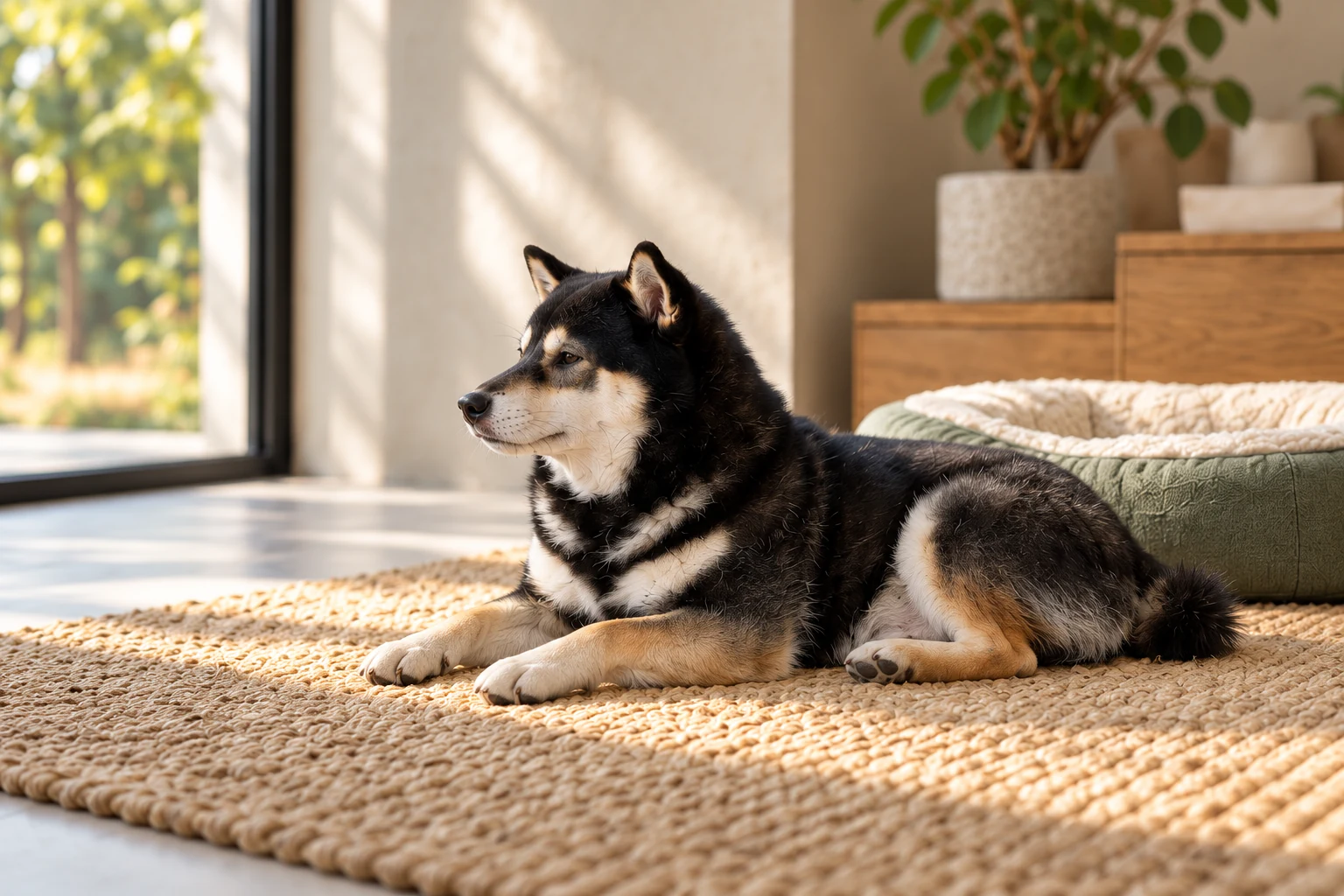 Illustrative scene of Mr. Smoky resting on a woven rug beside a sage dog bed in a sunlit home