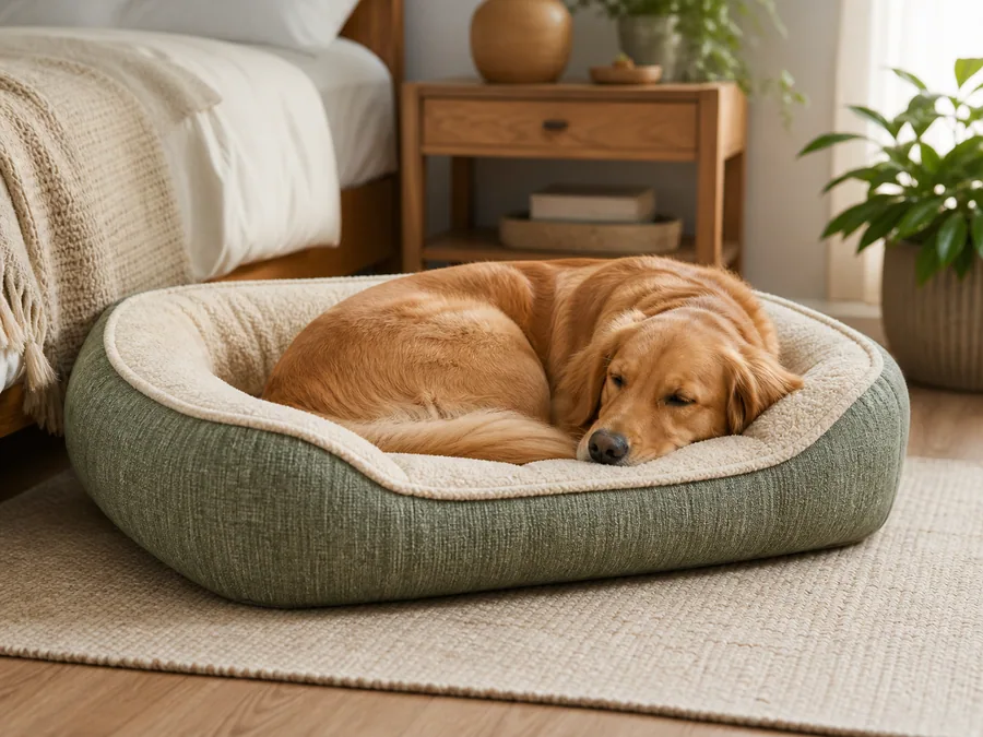 Dog resting in a sage green dog bed in a warm modern home