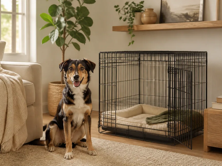 Calm dog beside an open wire crate with a soft mat in a tidy home