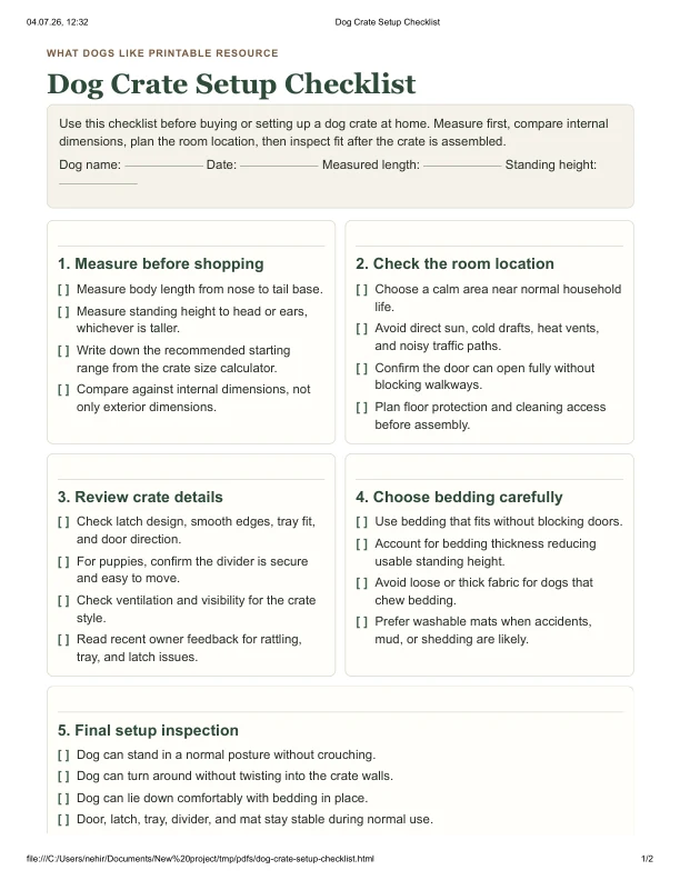 First-page preview of the Dog Crate Setup Checklist PDF