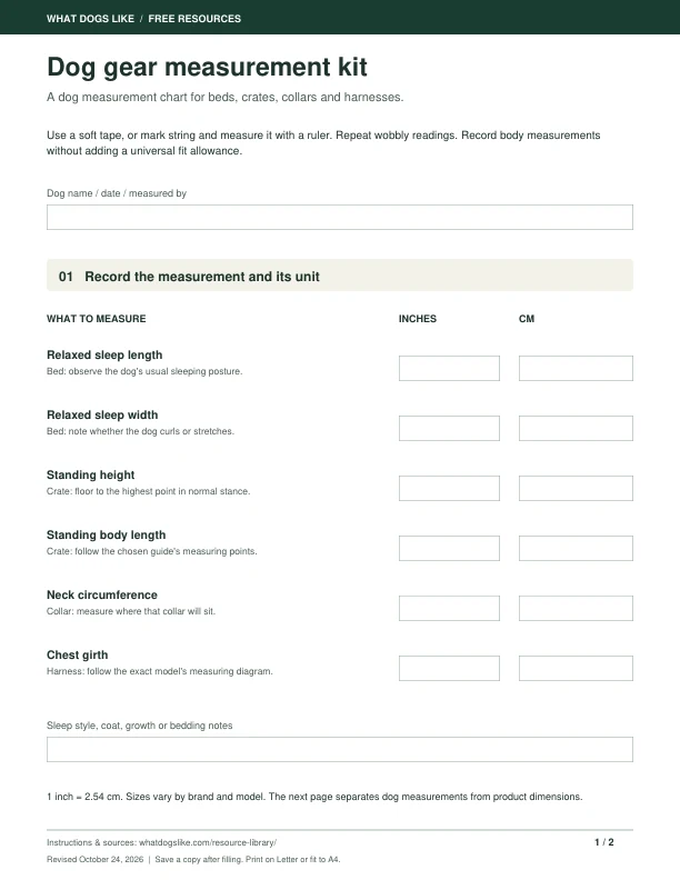First-page preview of the Dog Gear Measurement Kit PDF