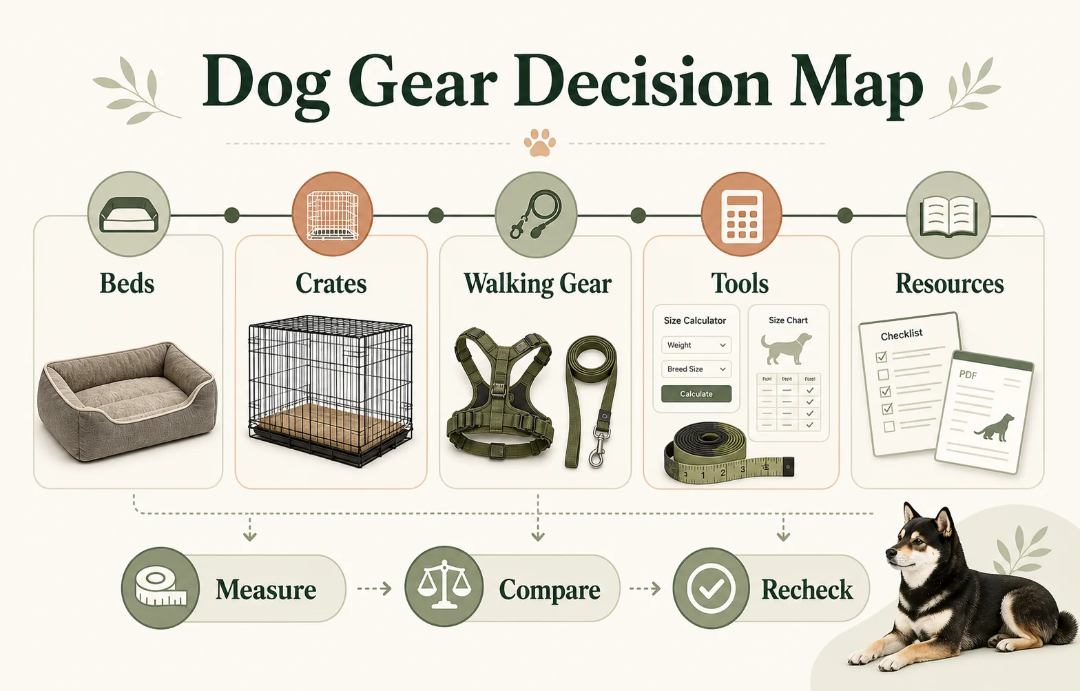 Infographic mapping What Dogs Like dog gear hubs for beds, crates, walking gear, tools, and resources.