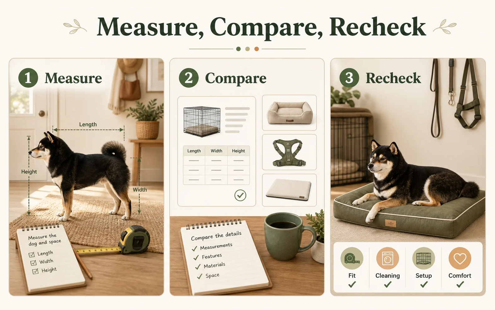 Infographic showing a dog gear workflow from measuring the dog to comparing listings and rechecking fit after use.